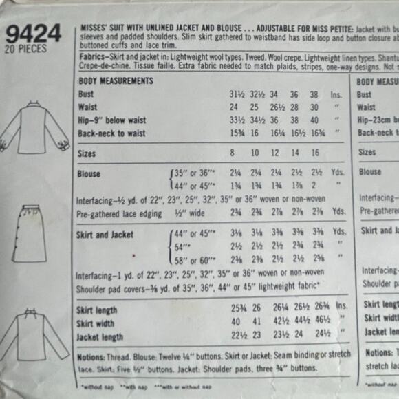 Simplicity 9424 Misses' Suit with Unlined Jacket and Blouse Pattern - Size 12 - Picture 4 of 5